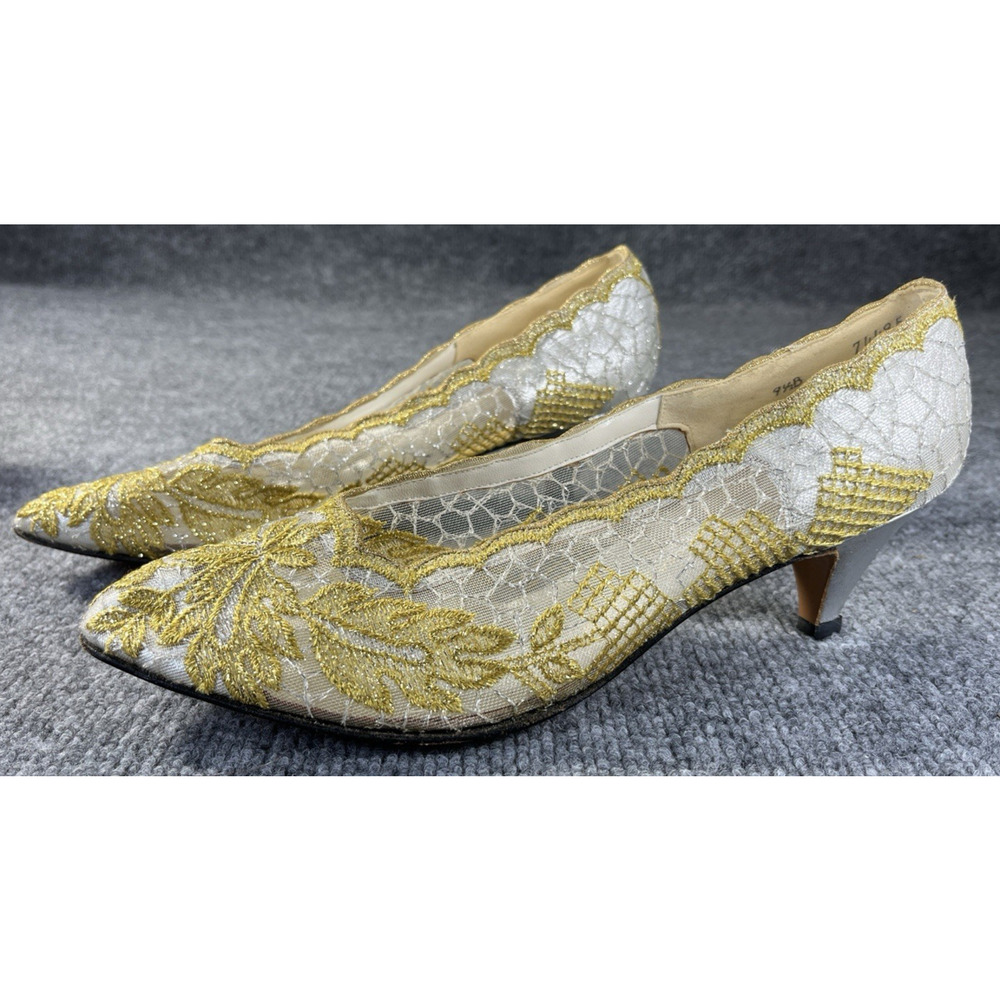 Thos Cort LTD Stanley Eisenman's Women’s Kitten Heels Gold Floral Clear Lace 9.5